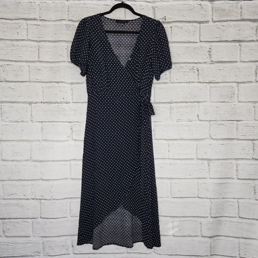 Sanctuary Faux Wrap Midi Dress Short Sleeve Womens Size 2 Blue Tan Polka Dots